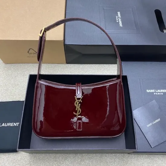 YSL Le 5 à 7 Replica – Wine Red Patent Leather Bag Luxury YSL Quilted Purse in Shiny Wine Red Patent Leather